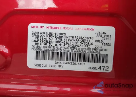 2011 Mitsubishi Outlander Sport Es из США, поврежденный, VIN JA4AP3AUXBZ014497